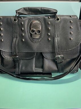 Source Unknown Black Studded Skull Messenger Backpack